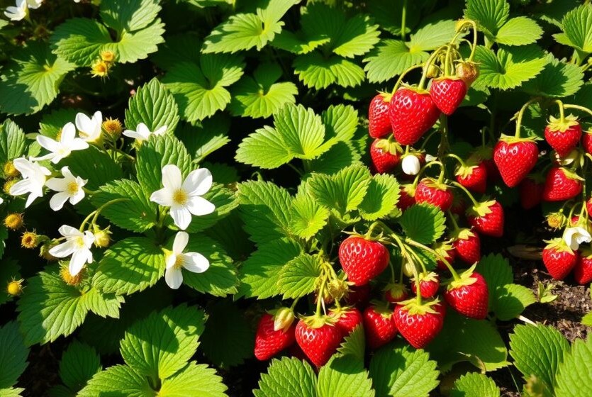 Verse aardbeien in een groene tuin als beeld voor fruit uit eigen moestuin